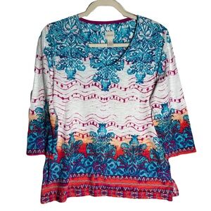 Chico's Womens Pullover Knit Top Size 1 (Medium) Paisley Multicolor V-Neck